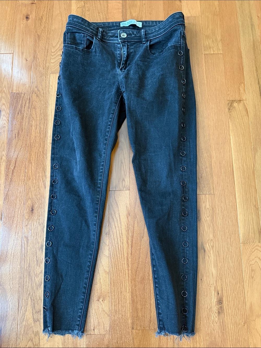 Zara Edgy Black Raw Hem Skinny Jeans with Side Piercings Detail